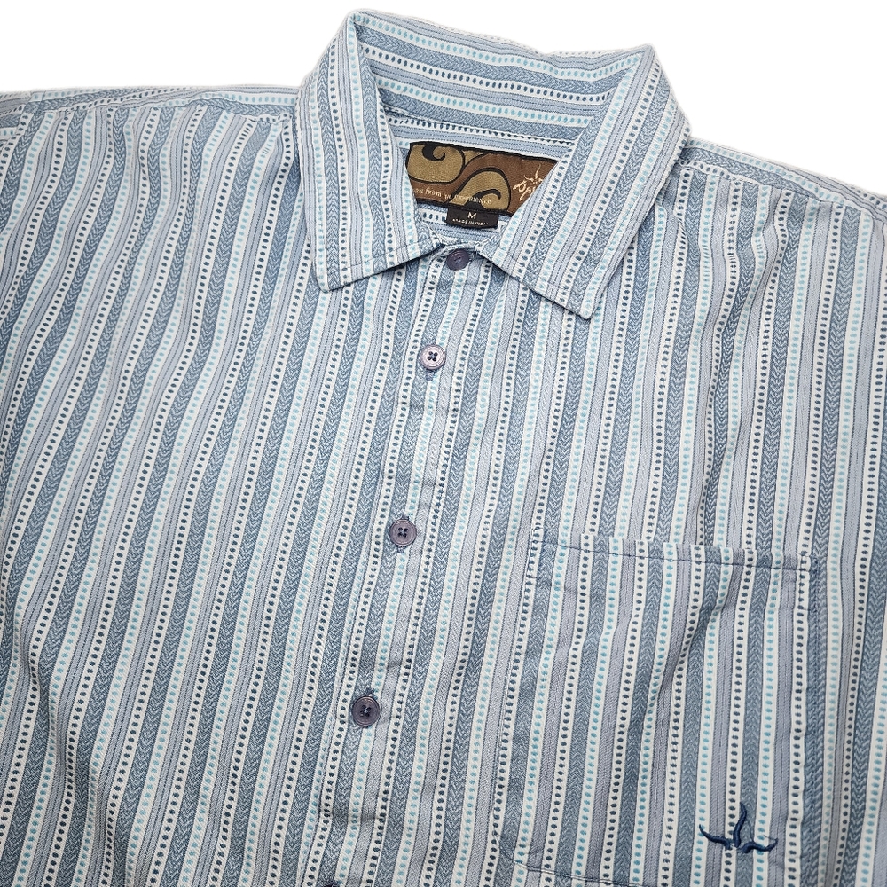 Prana Mens Medium Blue & Turqoise Polko Dot & Striped S/S Button Up‎ Shirt